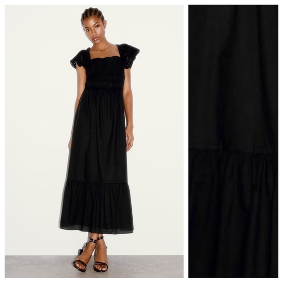 NWT. Zara Black Midi Dress with Perforated Embroideries. Size L. - Picture 3 of 13